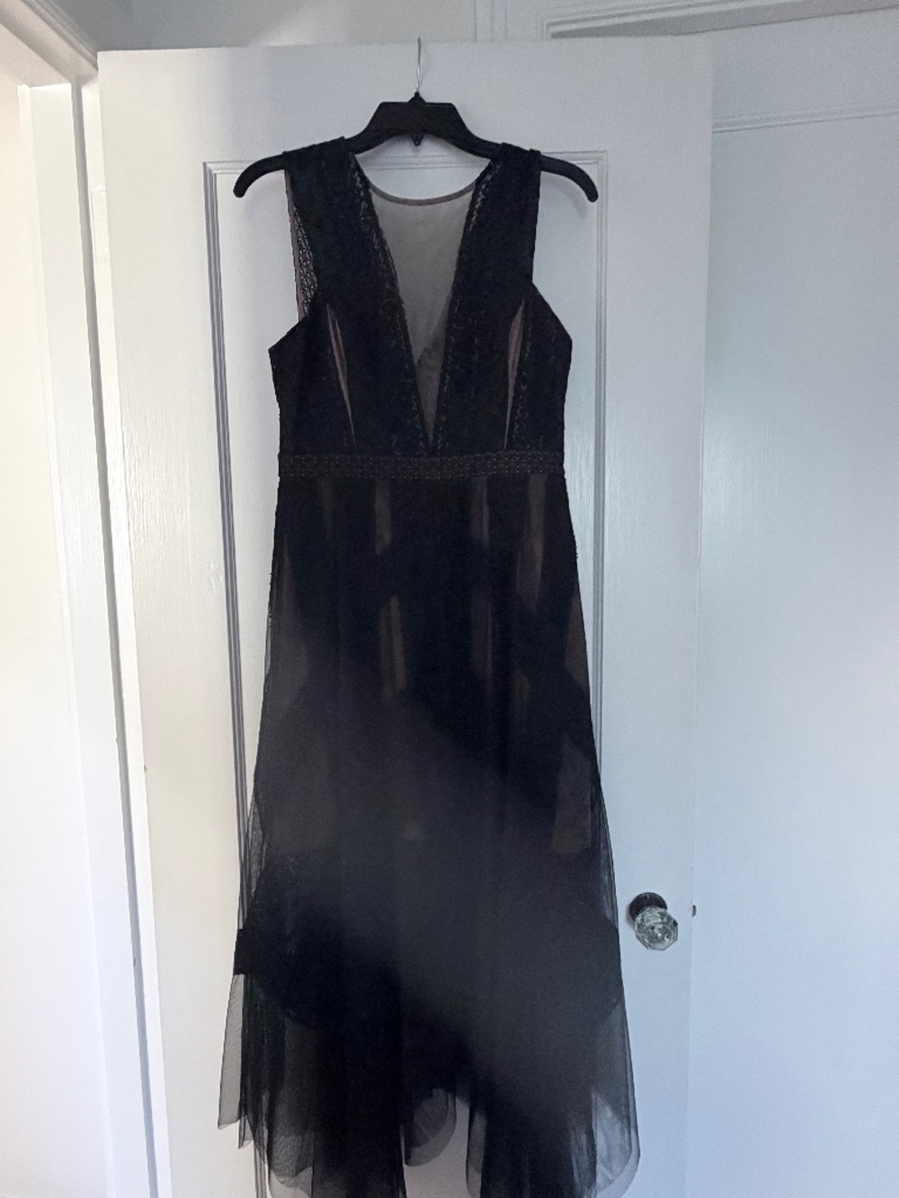 BCBGMAXAZRIA Andi Lace Trim / Asymmetric Lace & Tulle Maxi Dress